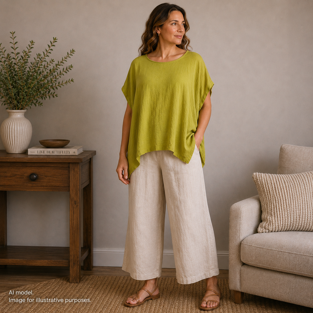 Eileen Fisher Blouse Womens Medium Green All Linen Shark Bite Coastal Lagenlook